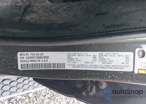 2022 Ram 1500 Big Horn 4X4 5'7 Box из США, поврежденный, VIN 1C6SRFFTXNN379092